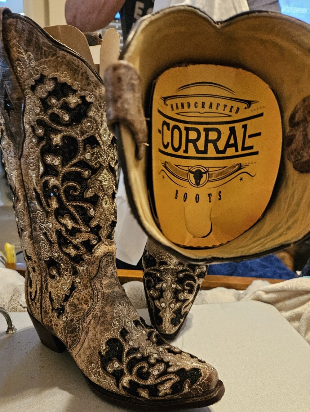 Corral Black and Beige Embroidered Western Boots with Rhinestones